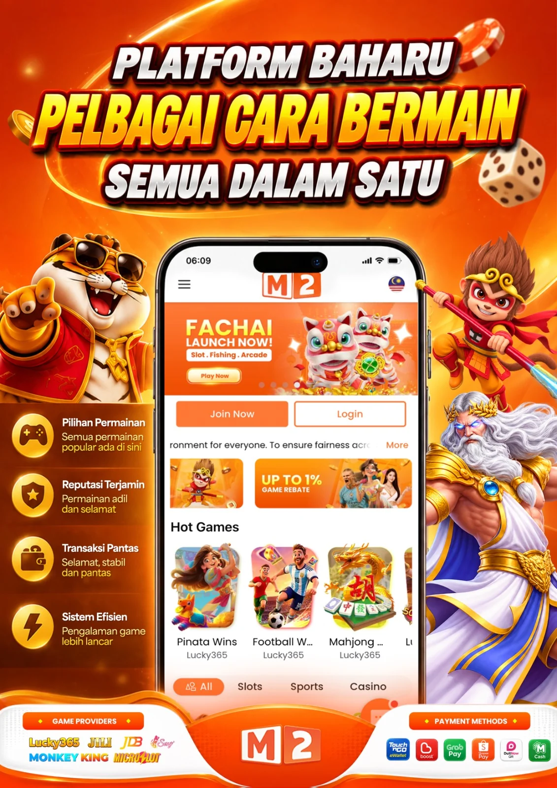 Platform permainan semua dalam satu M2 dengan pelbagai cara bermain, penyedia permainan dan kaedah pembayaran